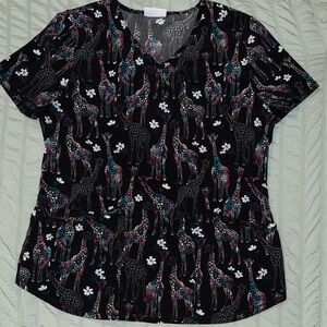 Women's Scrubstar Black Multicolor Giraffe Print Scrub Top
